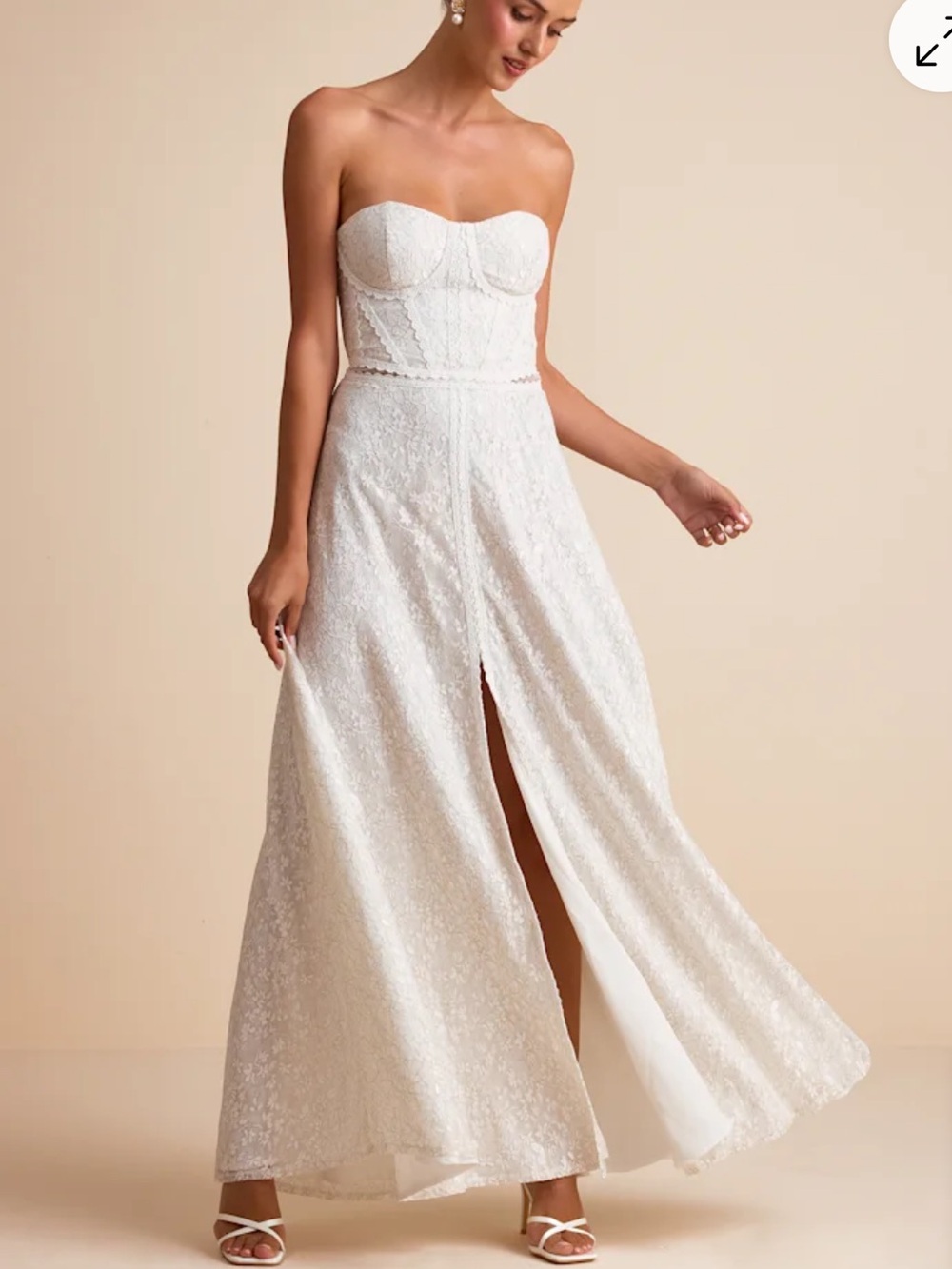 Lulu's White Strapless Lace A-Line Maxi Dress with Front Slit